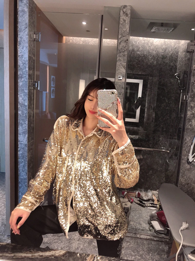 Осень 2018 Женская шикарная расшитая блестками куртка пальто с длинным рукавом
