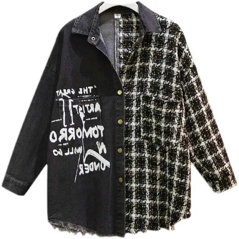 

Autumn Letter Print Women Plaid Stitching Jeans Size Coats Hit Color Oversized European Blue Overcoat Female Clothing