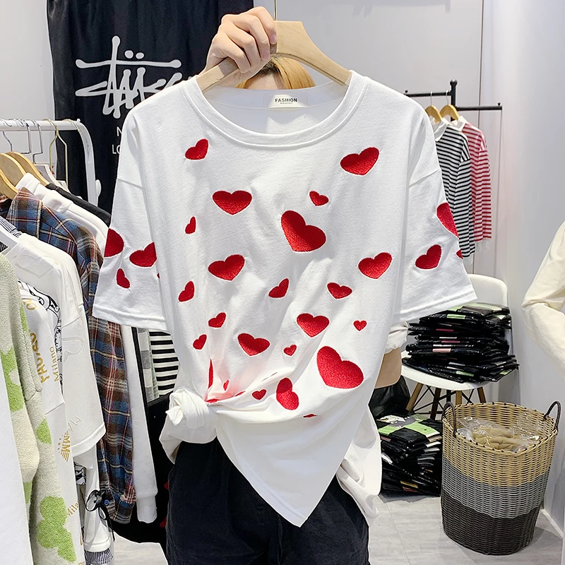 Футболка с вышивкой в виде сердца хлопковые белые женские топы летние черные