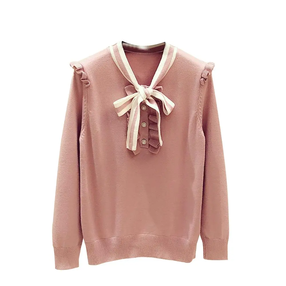 

2021 Autumn Winter Women's Long Sleeves Bow Sweater Knitting Tops Ladies Casual Pullover Sweaters A3986