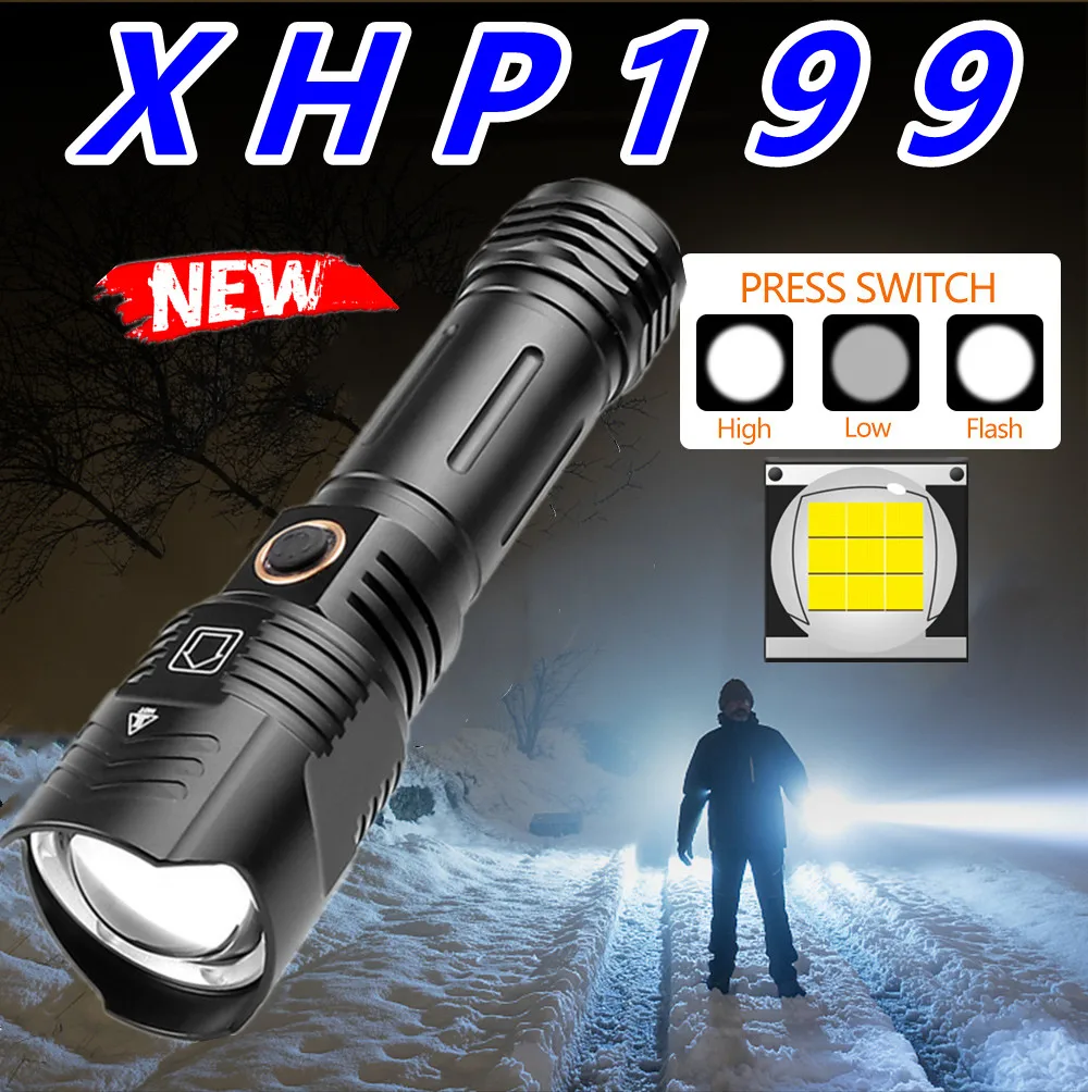 2021 XHP199 светодиодный фонарь 18650 или 26650 Usb тактический XHP70 перезаряжаемый Zoom