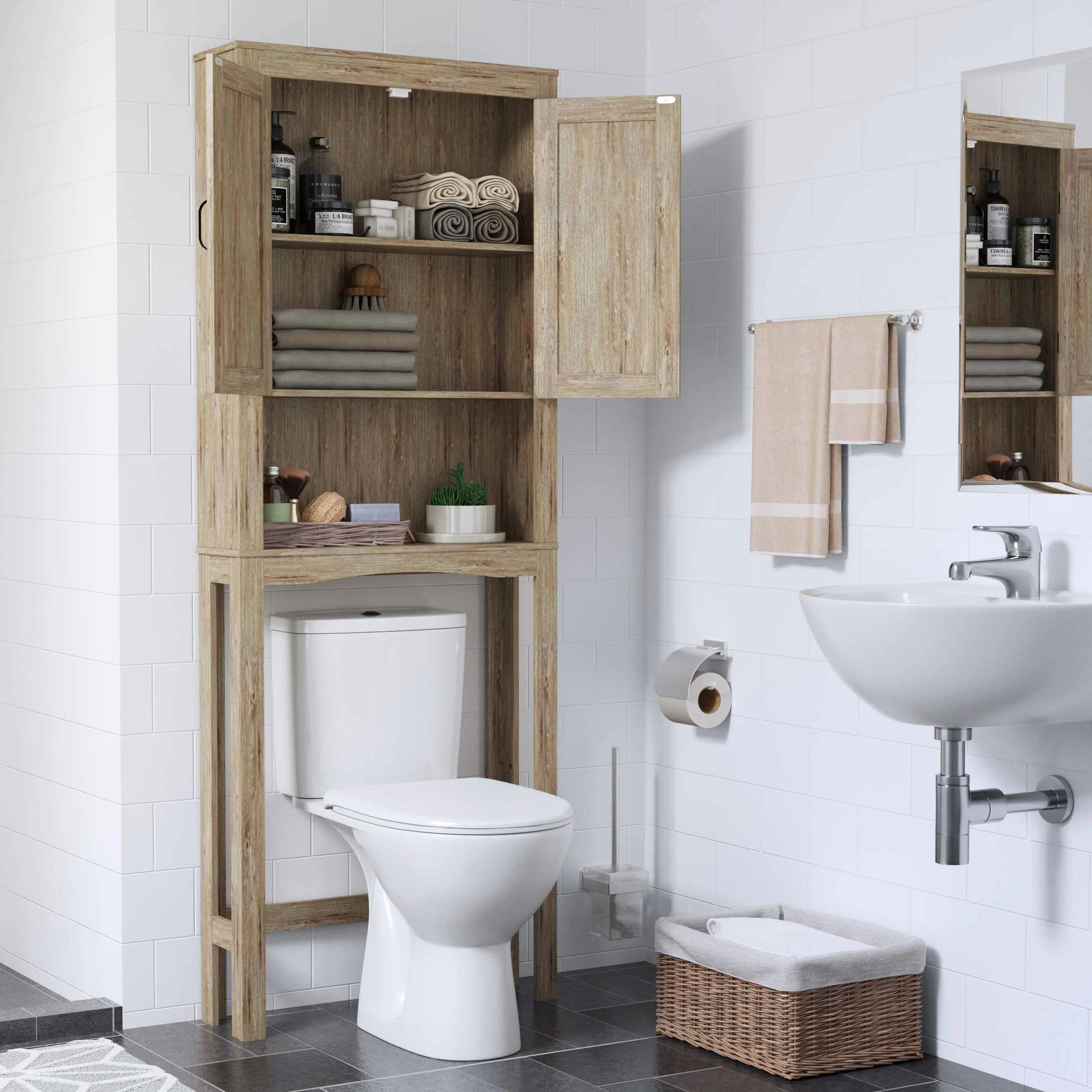 

Retro Bathroom Cabinet Storage Toilet Cabinet Cupboard Shelf Tissue Storage Rack Towel Holder Space-Saving Bathroom Furniture