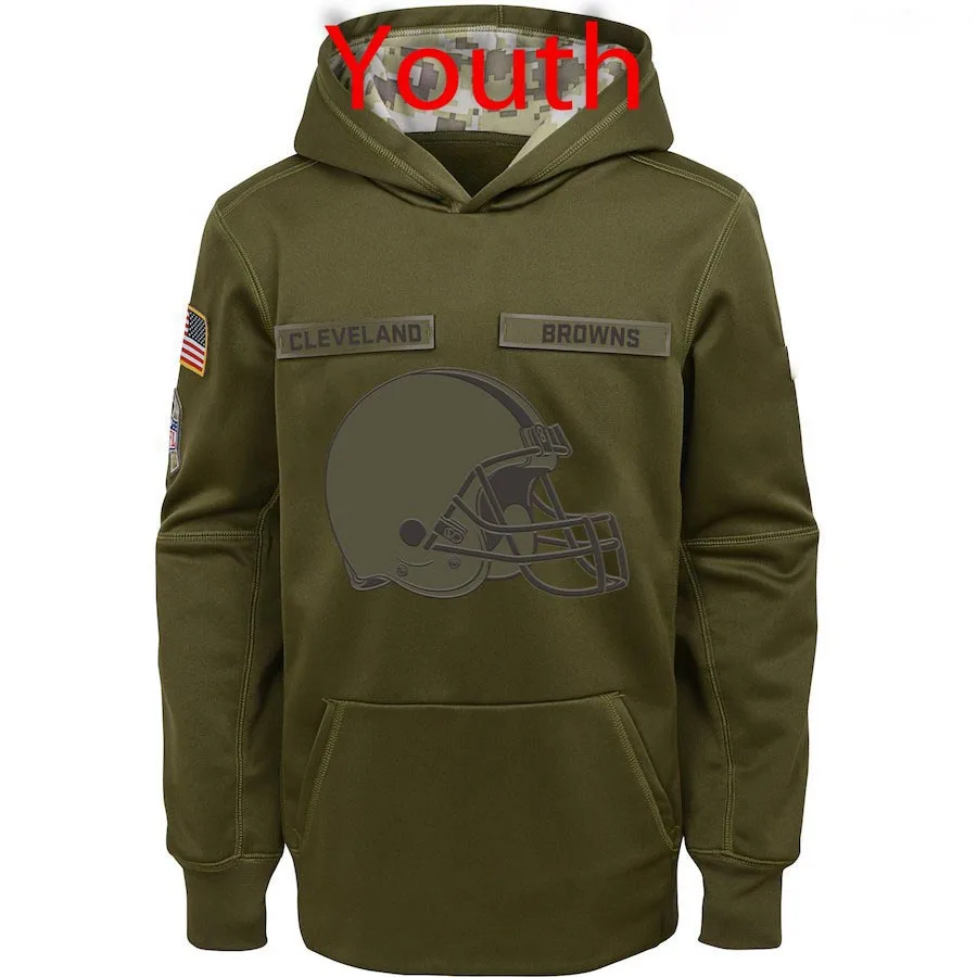 

Cleveland Men Women Youth Salute to Service Browns Sideline Therma Performance Pullover Olive Hoodie