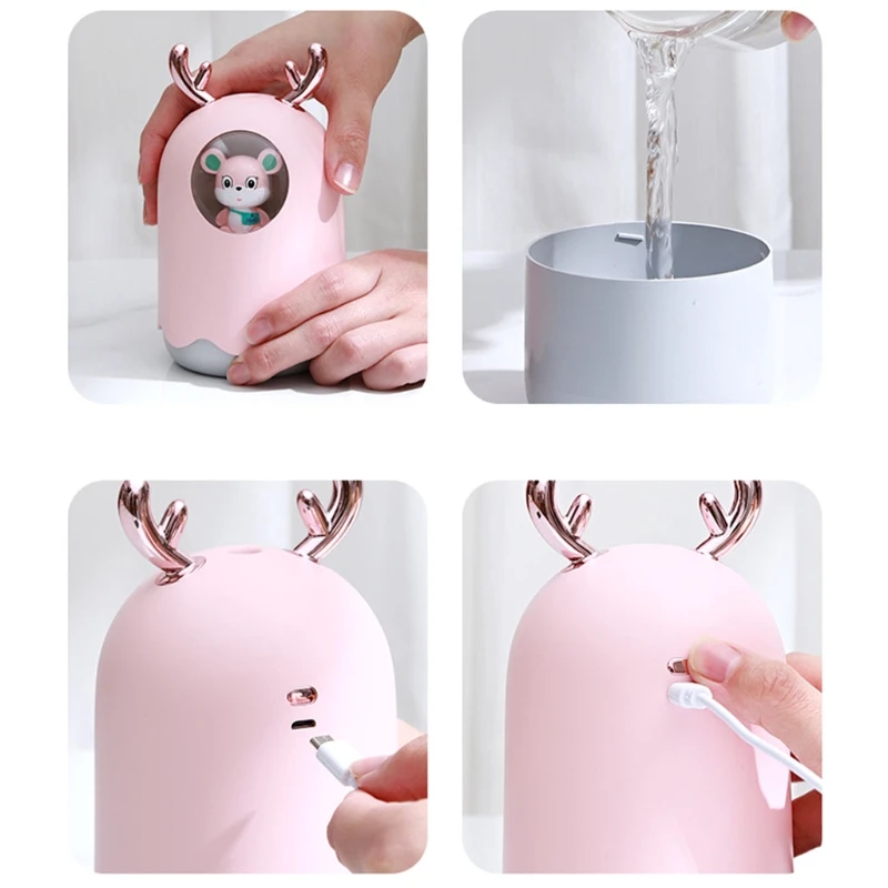 

Cute Antlers 300ml Mini USB Humidifier Mute Aroma Essential Oil Diffuser Fogger Aromatherapy Mist Maker with LED Light