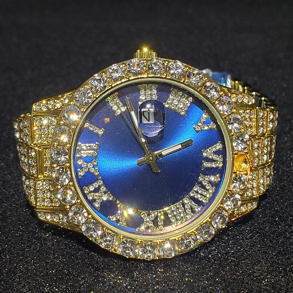 

Hip Hop MISSFOX Hiphop Top Brand Luxury Mens Iced Out Watches Blue Quartz Wristwatches Bling Bling Roman Watch for Men Jewelry
