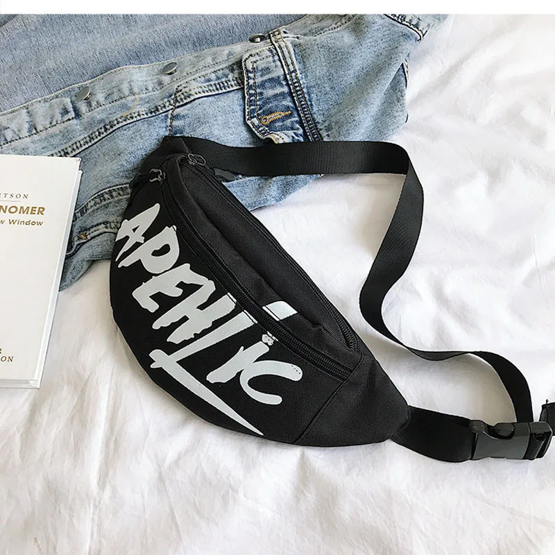 black waist bag Новинка, женская и Мужская поясная сумка унисекс, поясная сумка с буквенным принтом, нагрудная сумка, чехол для телефона, дорожные сумки - Цвет: black waist bag