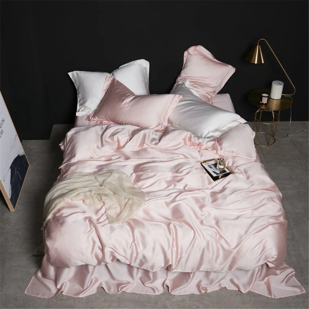 

Lofuka 100% Silk Pink Bedding Set Beauty Soft Comforter Cover Flat Sheet Duvet Cover Quuen King Bed Linen Pillowcase For Women