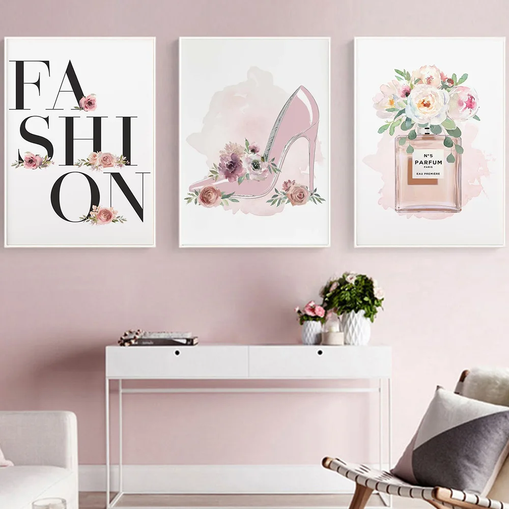 Модные плакаты флакон духов настенные картины на холсте пион высокий каблук
