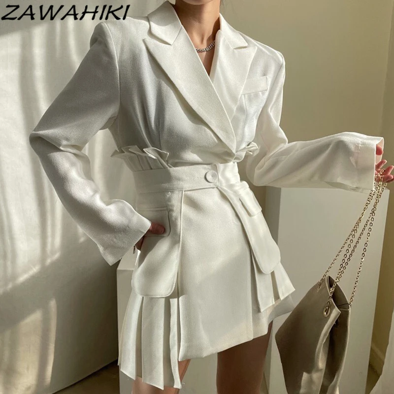 

Женское корейское платье zawhiki, однотонное офисное платье с длинным рукавом, французское платье с отложным воротником и плиссировкой, нестан...