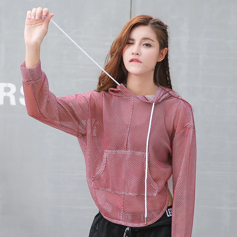 Женская спортивная футболка Спортивная Сетчатая с капюшоном и длинным рукавом