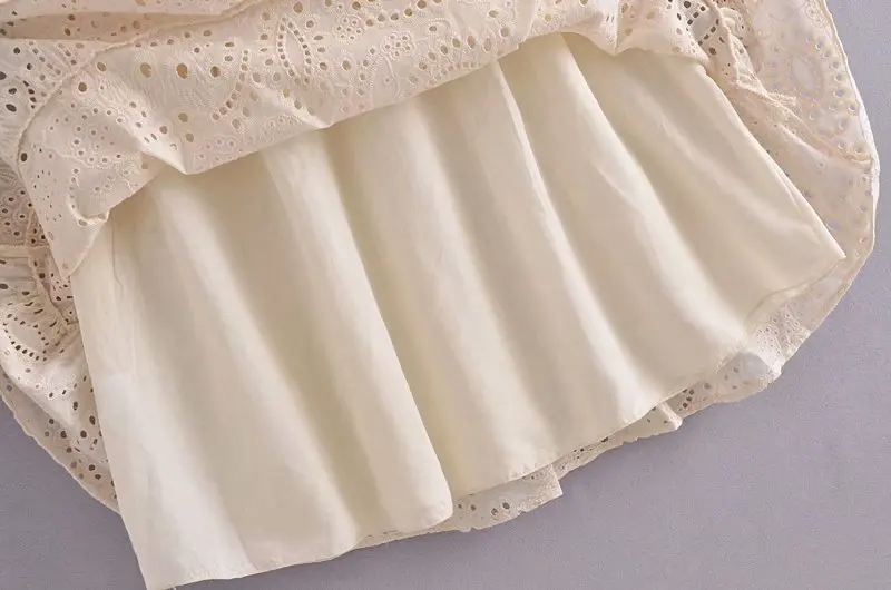 

Boho Midi Dress Beige Cotton Hollow Out Summer Dress Three Quarter Sleeve V-Neck A-Line Robe 2021