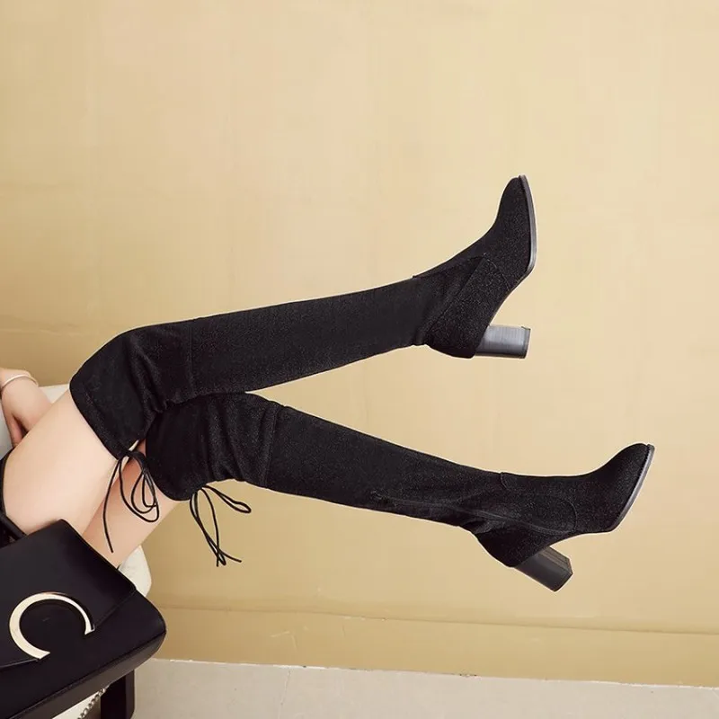 US4-11 женские сапоги выше колена с острым носком украшенные блестками на массивном