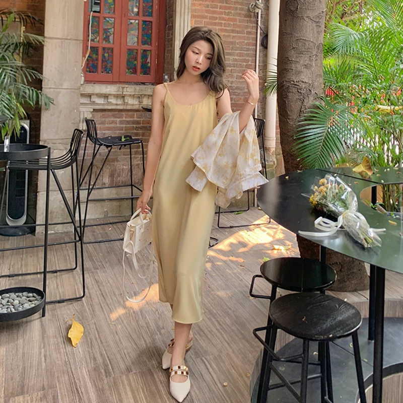 

Summer 2021 Woman Tank Dress Casual Chiffon Sexy Camisole Elastic Female Home Beach Dresses O Neck Casual Maxi Dress Long