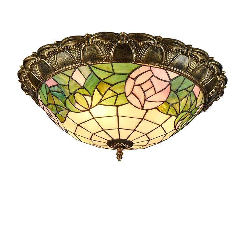 

Stained Glass Ceiling Light Led 40CM 24W 48W 110V 220V Rural Creative Round Retro Europe Bedroom Living Room Cloakroom Bar Lamps