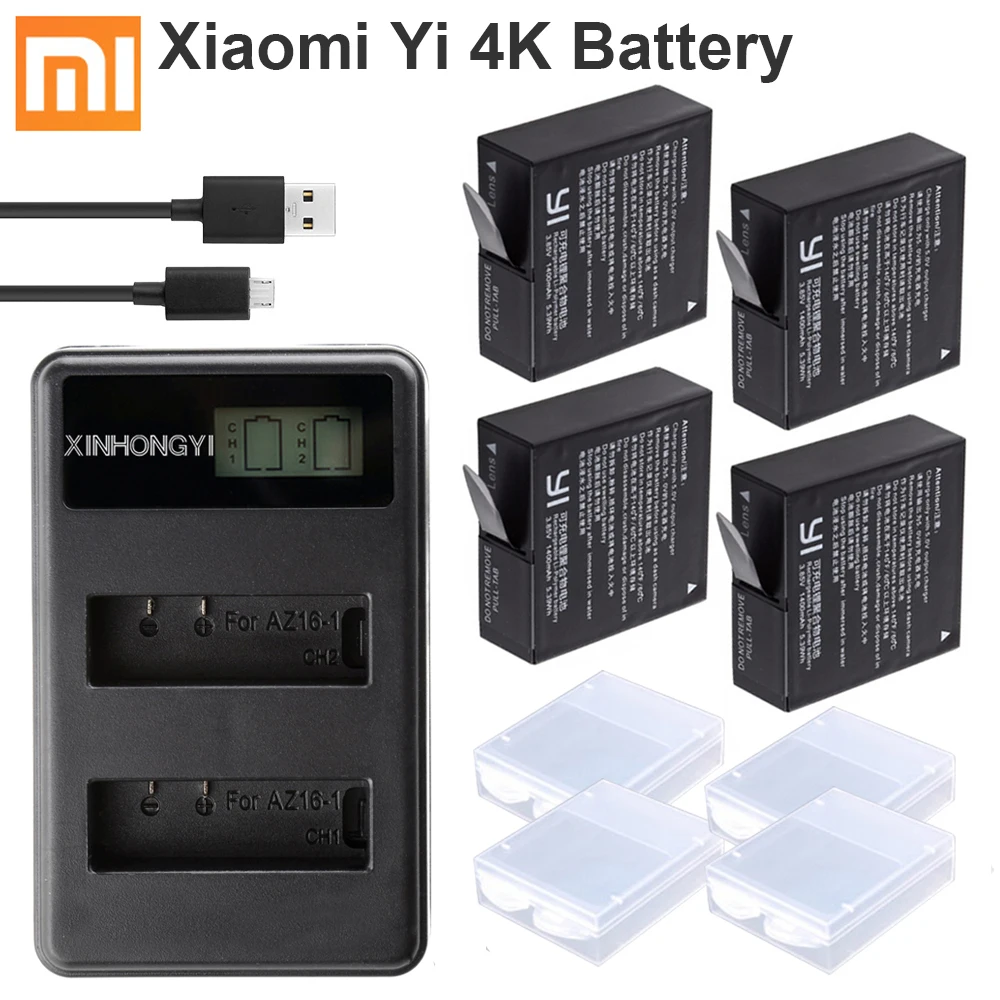 4x Аккумулятор bateria yi 4k+ LCD Dual charger для оригинального xiaomi yi 2 xiaoyi 4k 4k plus Черные Аксессуары для спортивной камеры