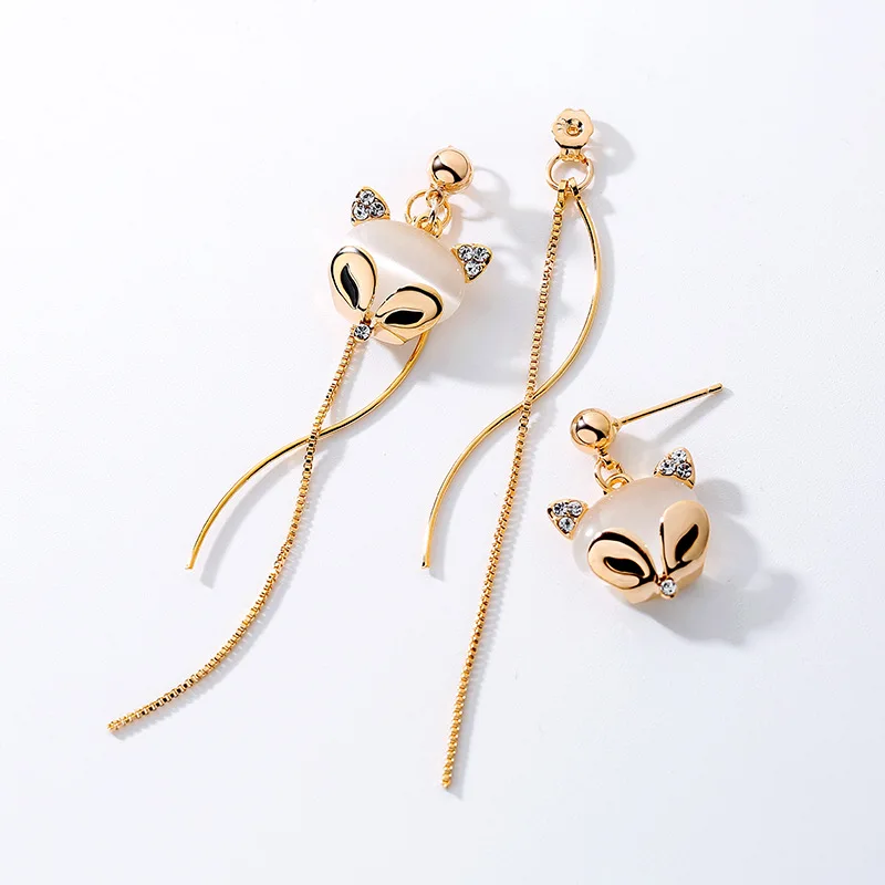 Корейские милые розовые белые длинные серьги подвески с лисичкой шикарные