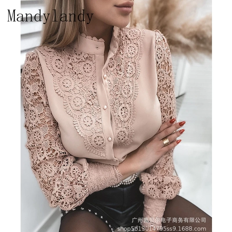 

Осенняя рубашка Mandylandy с рукавами-фонариками, однобортная рубашка с круглым вырезом, Женская Повседневная кружевная простроченная рубашка