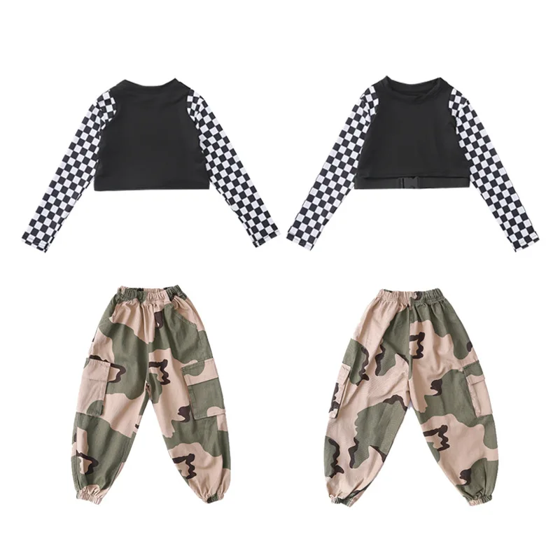 

Kid Hip Hop Clothing Sweatshirt Crop Top Long Sleeve T Shirt Camouflage Tactical Cargo Pants for Girl Jazz Dance Costume Clothes