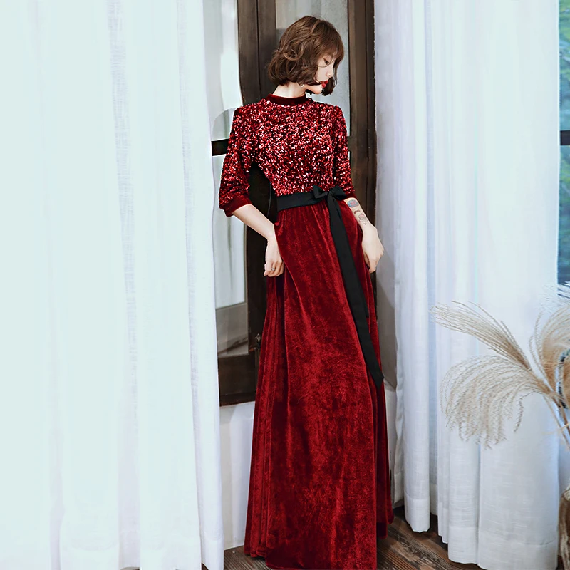 Женское винтажное вечернее платье SSYFashion велюровое винного цвета с рукавом 3/4