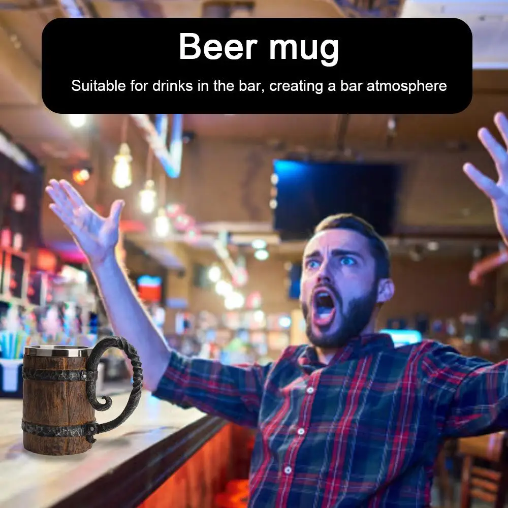 600ml Wooden Barrel Beer Mug Stainless Steel Resin 3D Tankard Coffee Cup Wine Glass Whiskey Tasting Bar Drinkware Mugs | Дом и сад