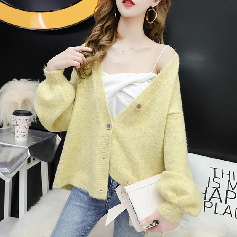 

JMPRS Autumn Women Cardigan Sweater Sexy V Neck Knitted Solid Long Sleeve Coat Casual Korean Loose Button Ladies Short Tops