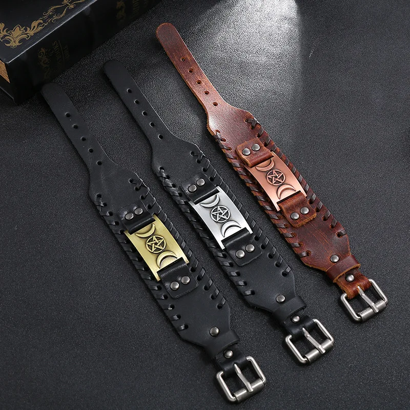 Модный широкий кожаный браслет с подвеской искусственная кожа звезда луна