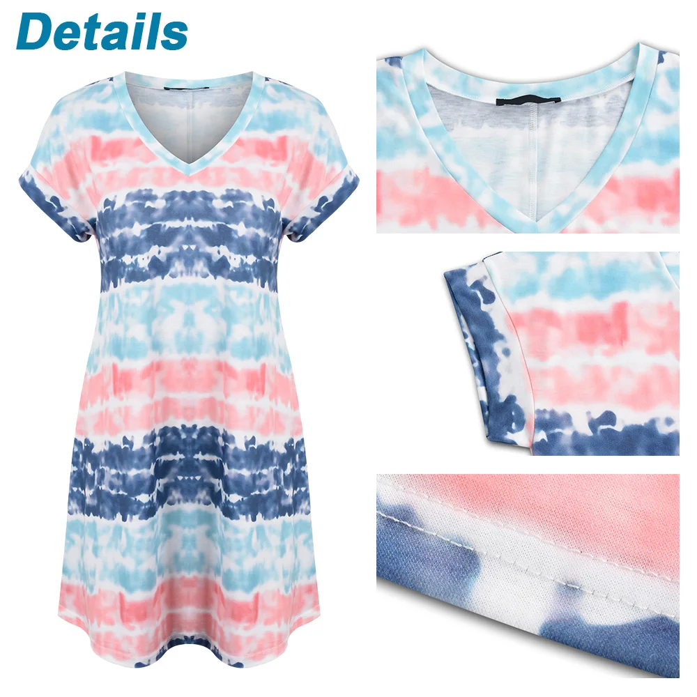 

Fashion Striped Tie Dye Casual Women Shirt Dress Summer 2021 New Female Short Sleeve V-Neck Loose A-line Dress Lady Vestidos D30
