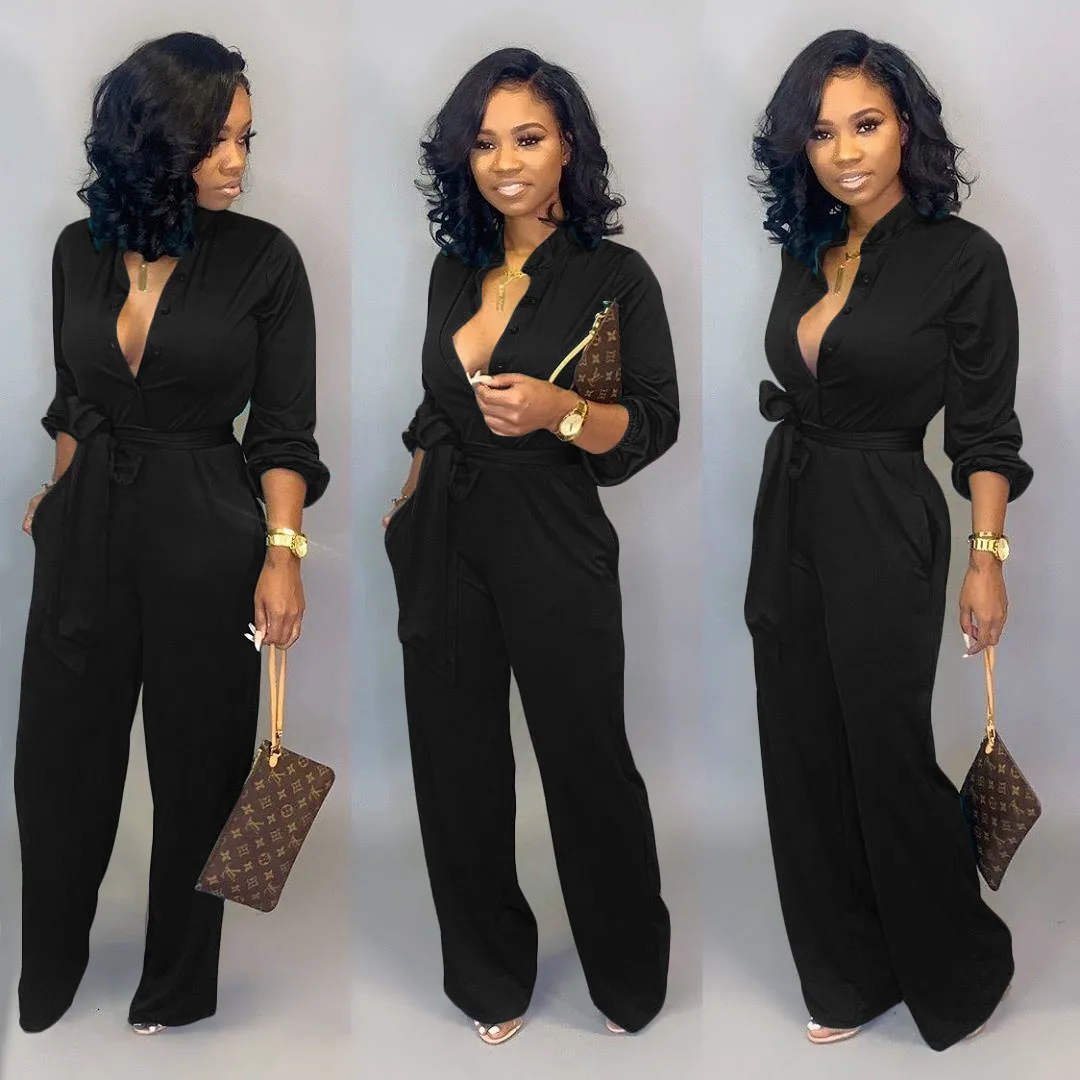 

2021 New Arrival Office Lady Straight Jumpsuits Bright Color Belt Turn-down Collar Street Wear Soft Bodcyon Rompers