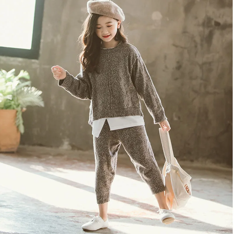 2019 г. Новые зимние комплекты одежды для девочек Детский костюм вязаная одежда