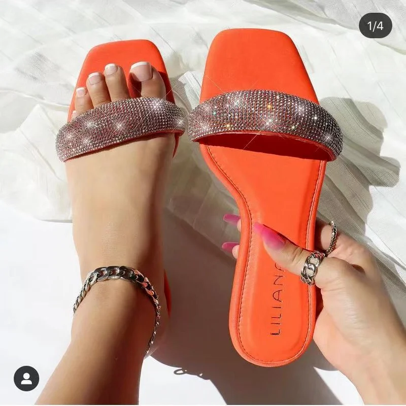 

New Rhinestone Sexy Women's Summer Shoes Fashion Diamond Party Wedding Slippers for Ladies Plus Size Flat Heel Woman Slides