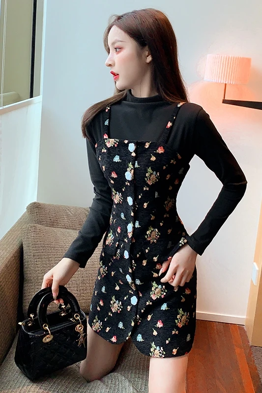 

COIGARSAM Vintage Full Sleeve Women one-piece dress korean New Spring Floral Print Suspenders Spaghetti Strap Dresses With 5520