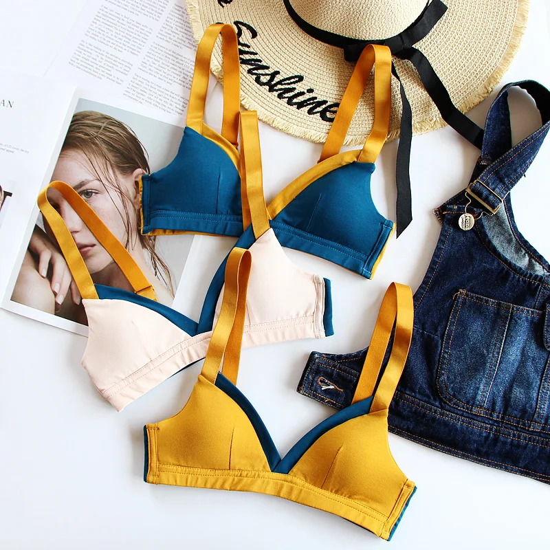 

Small Chest Bra Contrast Color Women Female No Steel Ring French Style Cotton Adjustable Gentle Bra
