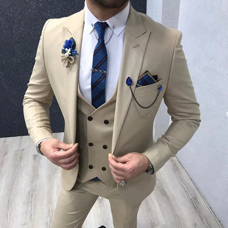 

Tailor Made Slim Fit Cream Men Suits 3 Piece for Wedding 2021 Peaked Lapel Groom Tuxedos Male Jacket Vest Pants Trajes De Hombre