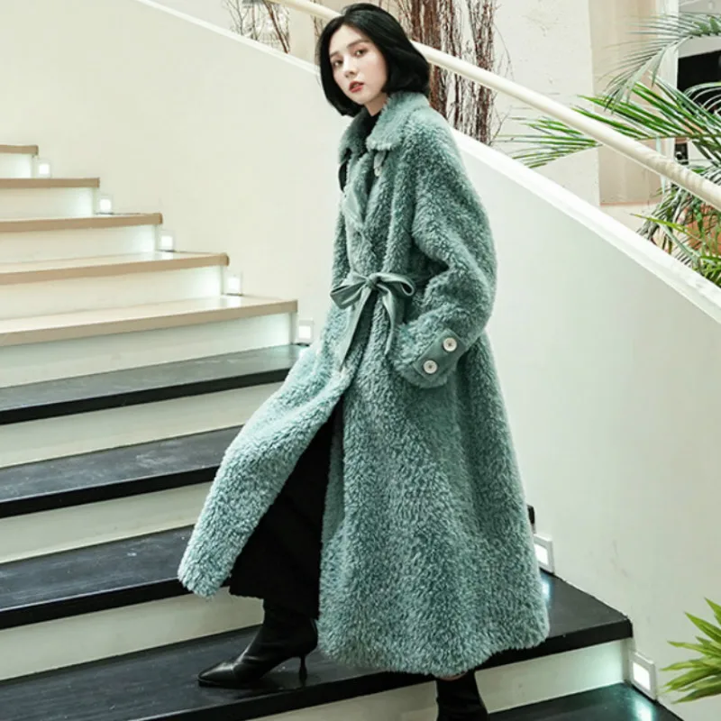 Женское длинное пальто из овчины 100% шерсти и в Корейском стиле на осень зиму ZT4533