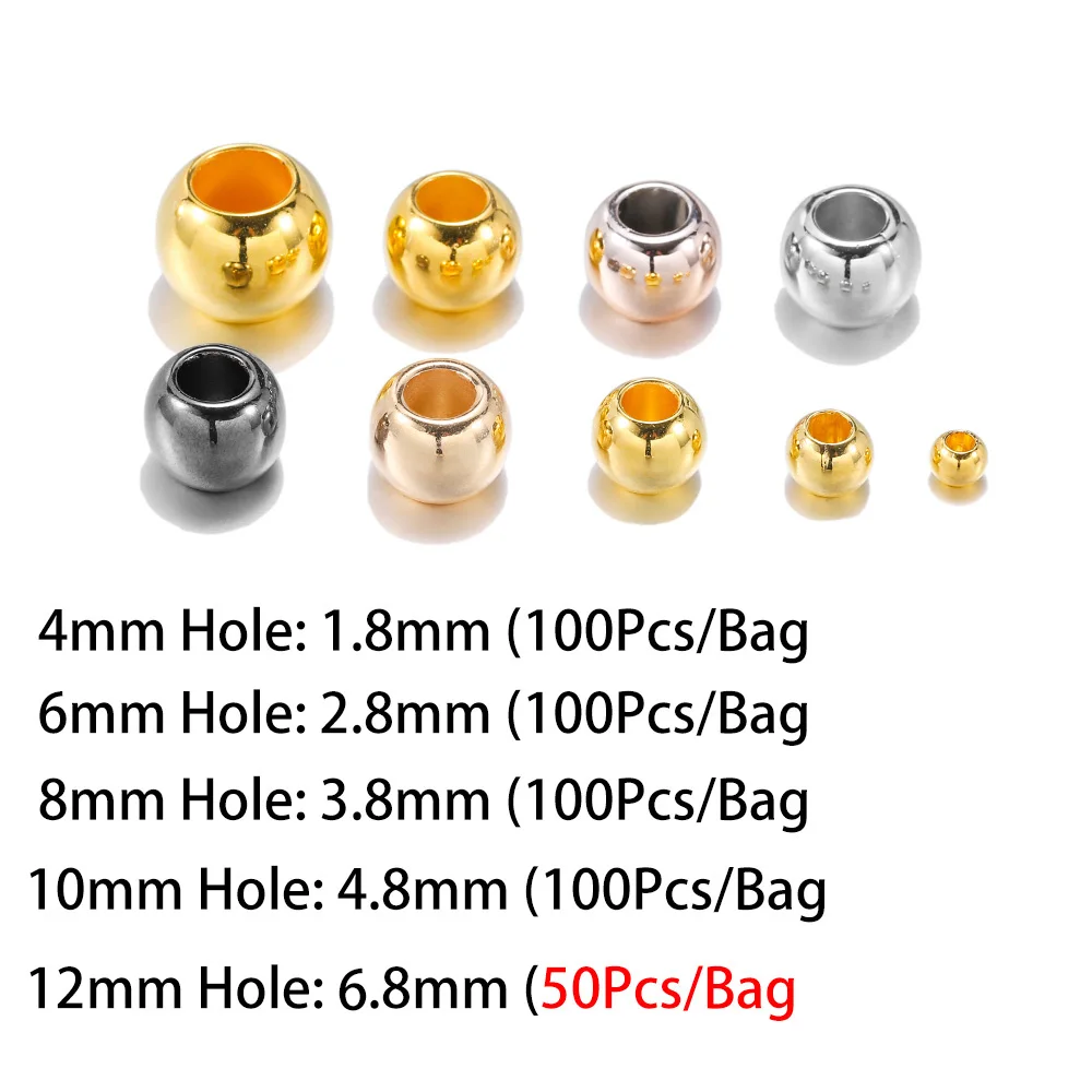 

100pcs Dia 4 6 8 10 12mm Big Hole Beads Rose Gold Rhodium Color Spacer Beads For Diy Jewelry Making CCB (not metal ) Accessories