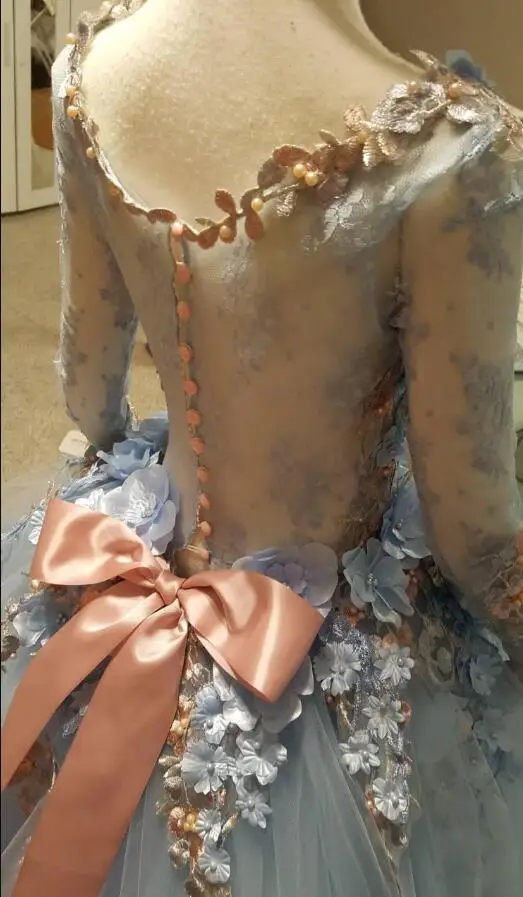 Blue Princess Flowers Girls Dresses For Wedding Long Sleeve Appliques Beads Ball Gown Kids Pageant Gowns First Communion Dress | Детская