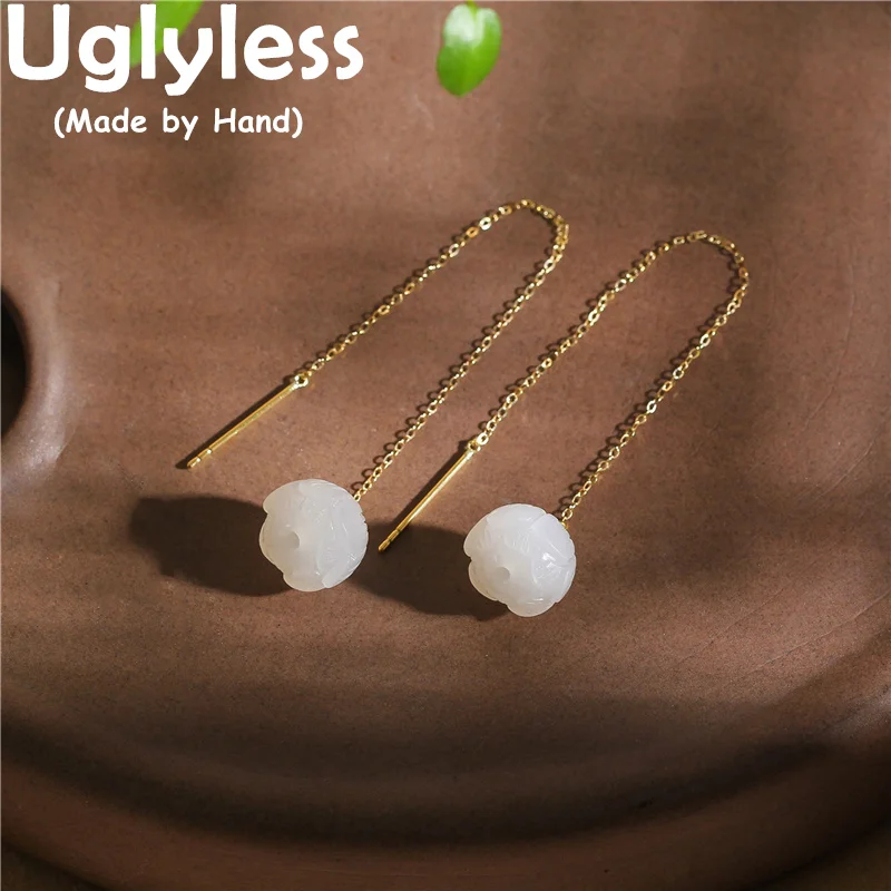 

Uglyless Luxury AU750 18K Gold 90MM Long Ear Lines for Women Natural Gemstones Jade Lotus Earrings Fashion Dress Brincos Bijoux