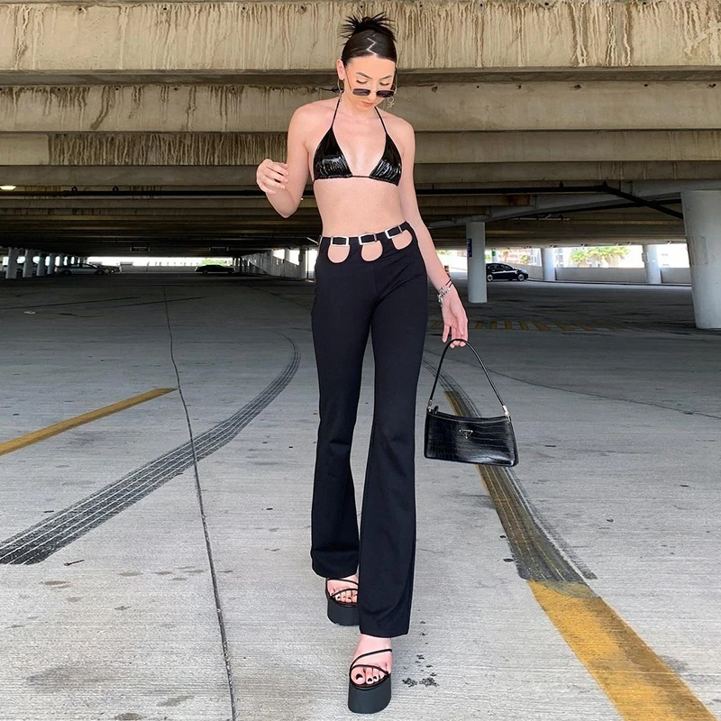 

Женские летние брюки с заниженной талией, соблазнительные повседневные однотонные брюки-клеш для взрослых с высокой талией, с вырезами, чер...