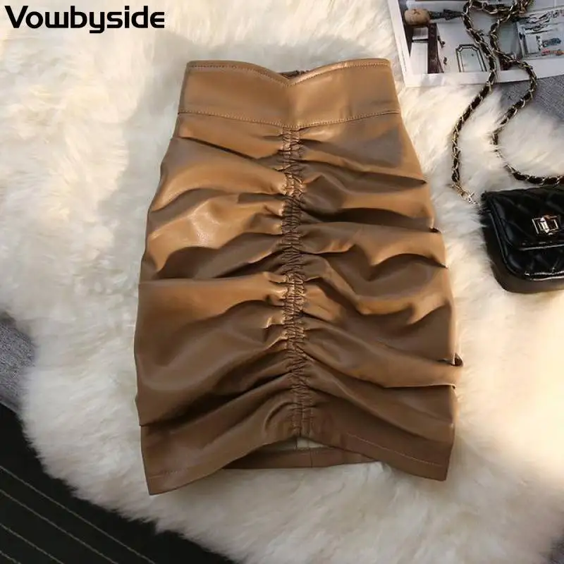 

Autumn and Winter Solid Color Folds Fashion PU Skirt Women's High Waist Leather Skirt