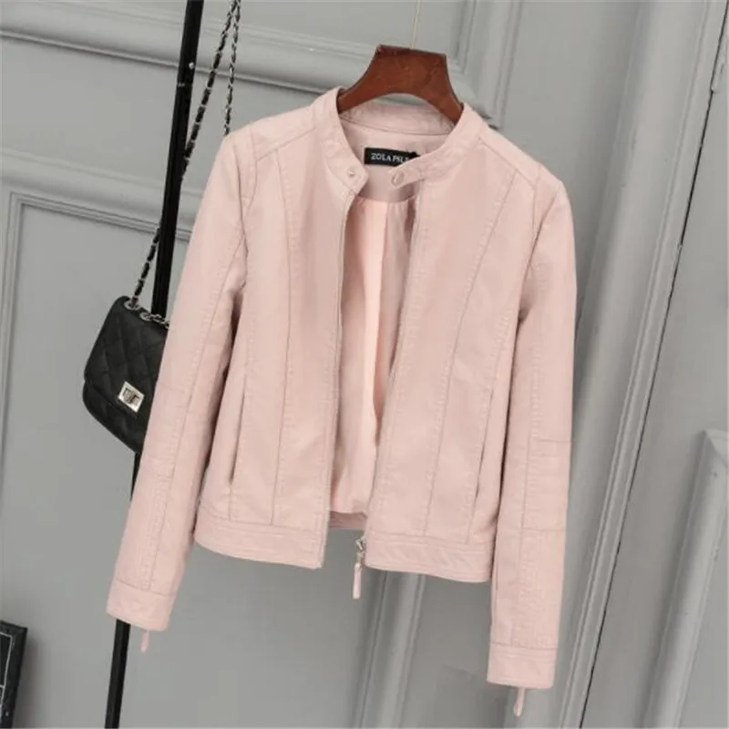 

Best selling fashion autumn new fashion women's motorcycle jacket imitation leather ladies jacket zipper black pink short coat