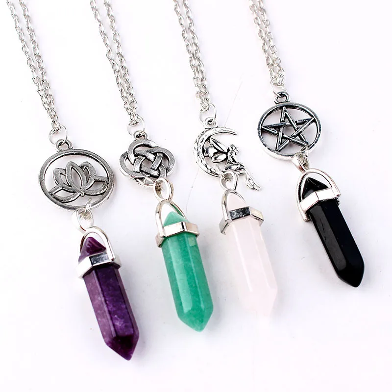 

Bullet Hexagon Column Natural Stone Choker Star Lotus Flower Fairy Five-pointed Star Awn Pendant Necklace