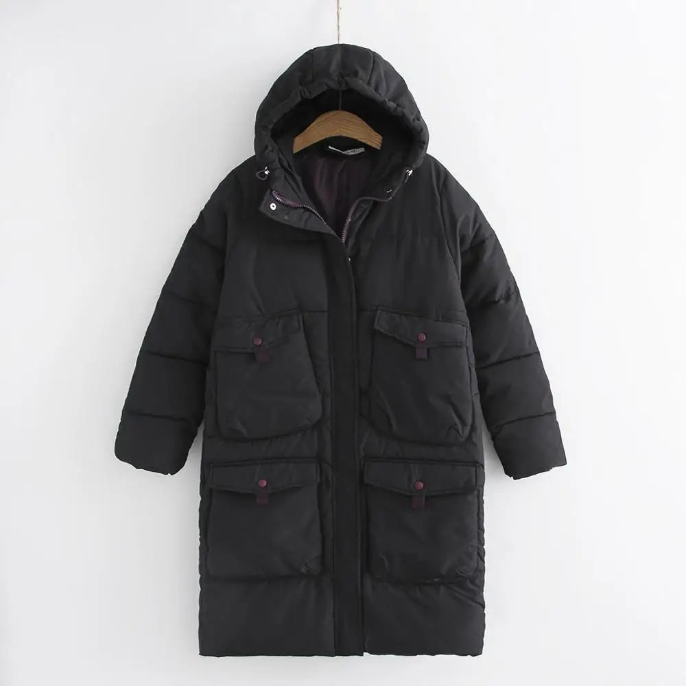 Женская куртка с капюшоном длинная теплая хлопковая несколькими карманами в