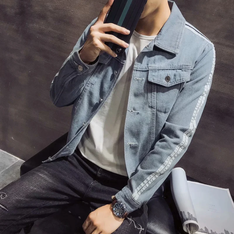 

2020 New Men's Denim Jacket Spring and Autumn Denim Jacket Casual Men's Slim Denim Jacket Retro Pocket Striped Rod Denim Wear