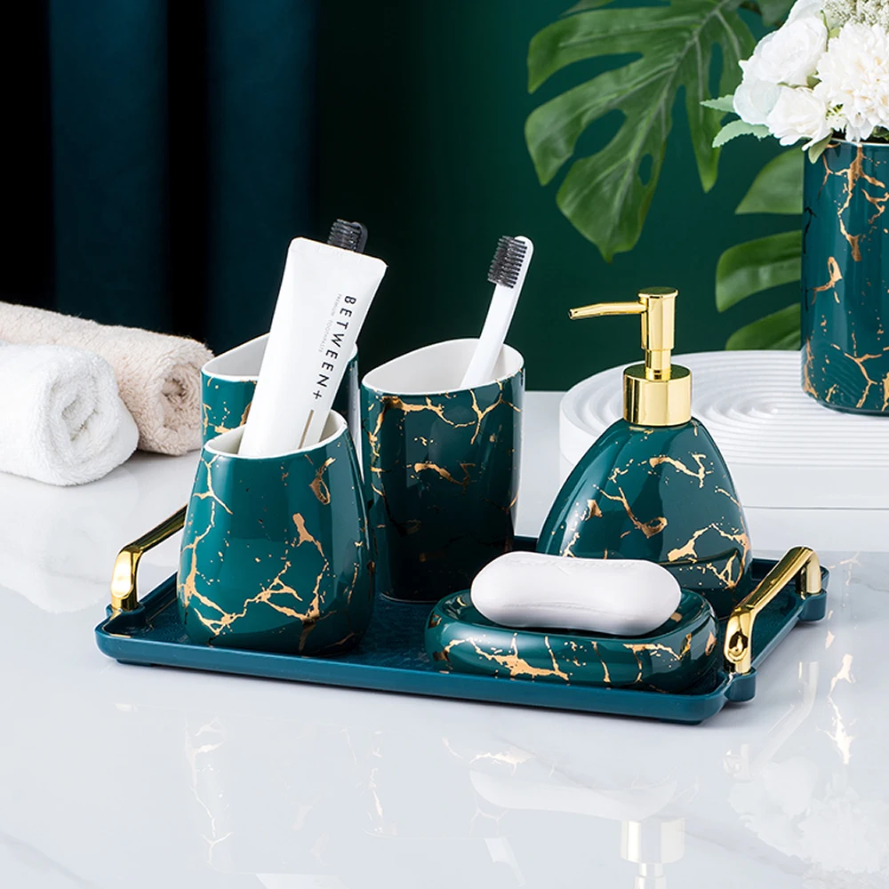 

Bathroom Accessories Set 5 Piece Ceramics Set Toothbrush Holder Soap Dispenser Light Luxury Mouthwash Cup Bathroom Essential Set