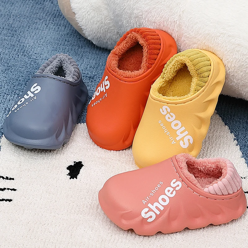 

Waterproof Winter Child Slippers Warm Gilrs Boys Non-Slip Plush Stepped Cotton Alphabet Indoor Outdoor Home Autumn Thick Heel