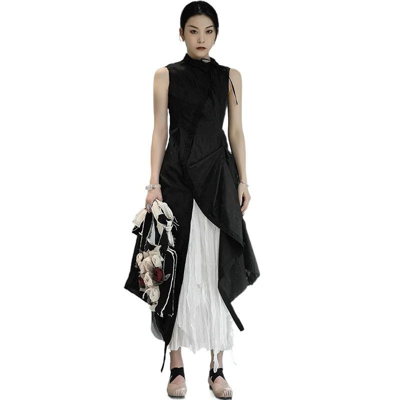 

[Aurance] Black Summer Women's Dress 2021 Mesh Dresses for Women Irregular Slit Pleated Slim Lapel Sleeveless Loose Fit Fashion