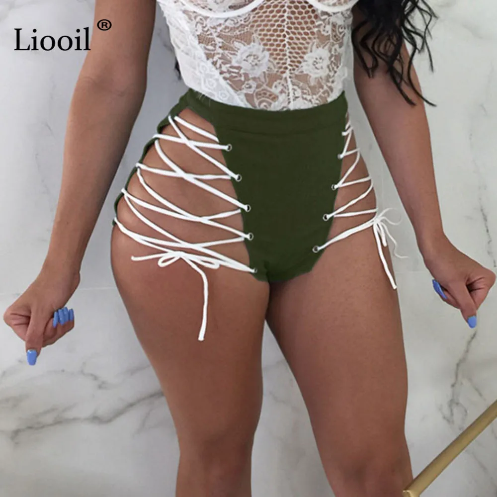 Liooil, Сексуальные клубные, на шнуровке, обтягивающие шорты, для женщин, летняя мода, средняя талия, на молнии, черные, белые, женские, вечерние, для женщин, s, шорты, Rave Outfit - Цвет: Армейский зеленый