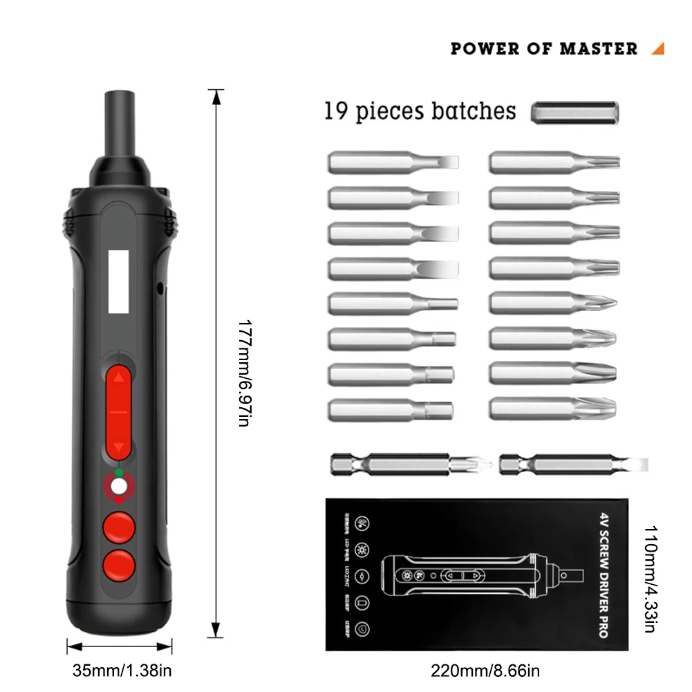 

Professional Mini USB Rechargeable Electric Screwdriver with LED Indicator Light and 19pcs Bits and Battery Power Screwdriver