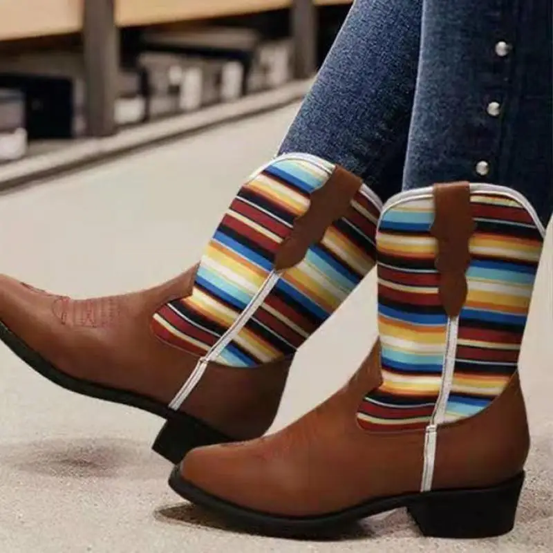 2021new Splicing Riding Boots Fashion Calf Mid-tube Boots Platform Wedges Ethnic Style Short Boots Casual Winter Women Shoes