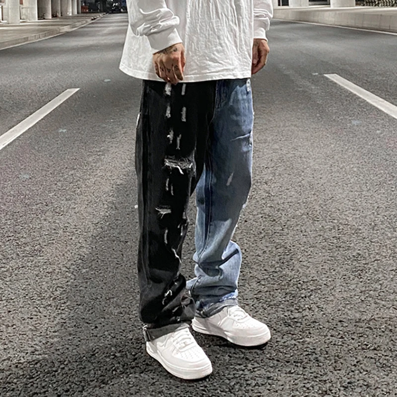 

Color Block Hole Washed High Street Jeans for Men Straight Retro Frayed Casual Denim Pants Harajuku Baggy Oversize Trousers 2021
